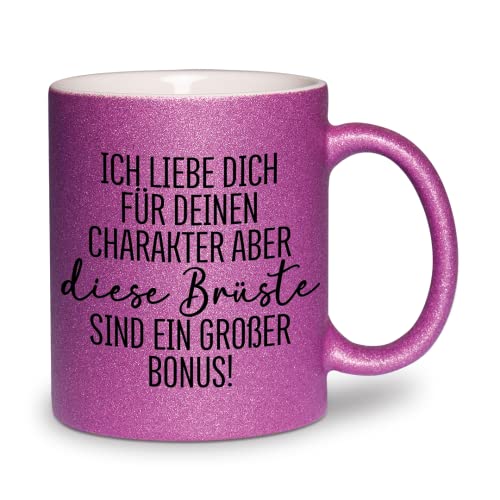 glitzertassen.de® | Ich liebe dich für deinen Charakter und deine Brüste | Tasse mit Glitzer | Geschenkidee | Valentinstag | Liebe | Kaffeetasse | lustige Sprüche | Versaut | Violett von glitzertassen-de