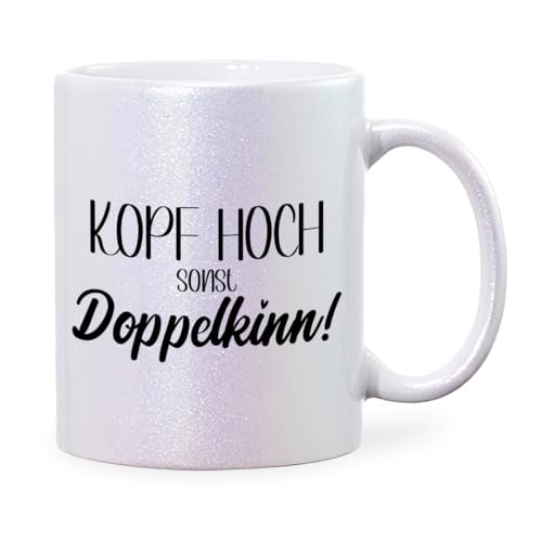 glitzertassen.de® | Kopf hoch sonst Doppelkinn! | Perlmutt Glitzertasse | Geschenkidee | Lustige Sprüche | Kaffeebecher | Keramik | 330 ml von glitzertassen-de