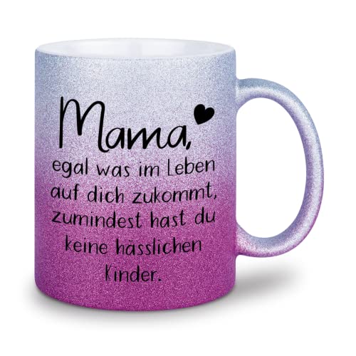 glitzertassen.de® | Mama, egal was im Leben auf dich zukommt | Tasse mit Glitzer | Geschenkidee | Muttertag | Lustige Sprüche | Mama | Kaffeebecher | Keramik | 330 ml | Silberviolett von glitzertassen-de