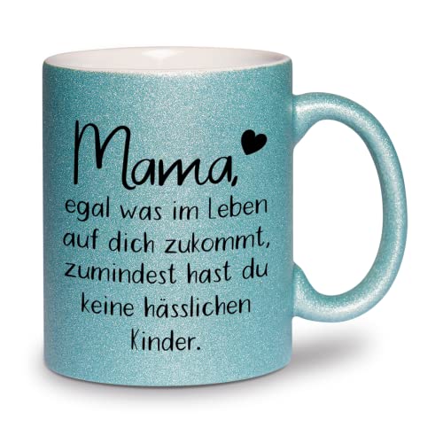 glitzertassen.de® | Mama, egal was im Leben auf dich zukommt | Tasse mit Glitzer | Geschenkidee | Muttertag | Lustige Sprüche | Mama | Kaffeebecher | Keramik | 330 ml | Türkis von glitzertassen-de