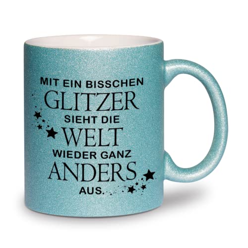 glitzertassen.de® | Mit ein bisschen Glitzer sieht die Welt wieder ganz anders aus | Tasse mit Glitzer | Geschenkidee | Lustige Sprüche | Bürotasse | Kaffeebecher | Keramik | 330 ml | Türkis von glitzertassen-de