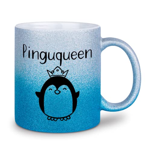 glitzertassen.de® | Pinguqueen | Tasse mit Glitzer | Geschenkidee | Prinzessin | Pinguin | Silberblau von glitzertassen-de