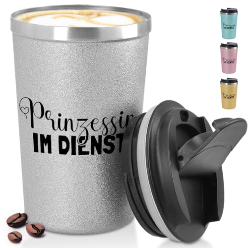 glitzertassen.de® | Prinzessin im Dienst | Becher to Go konisch mit Deckel | Lustige Sprüche | Geschenkidee | Thermobecher mit doppelwandiger Isolierung | 350 ml | Silber von glitzertassen-de