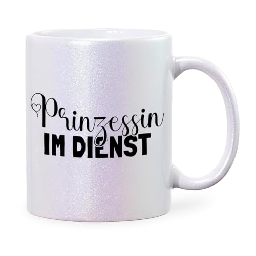 glitzertassen.de® | Prinzessin im Dienst | Perlmutt Glitzertasse | Geschenkidee | Lustige Sprüche | Kaffeebecher | Keramik | 330 ml von glitzertassen-de