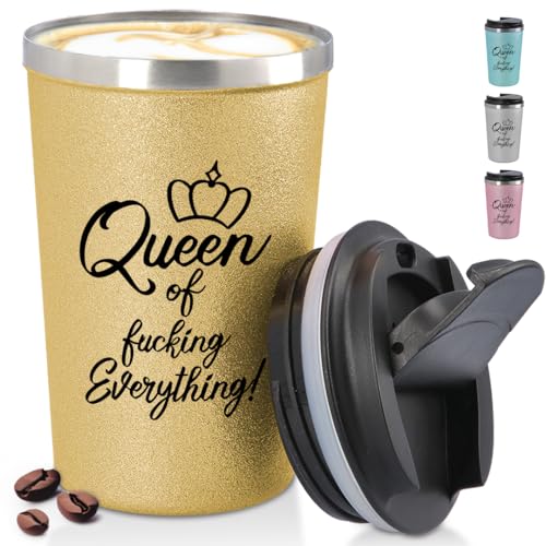 glitzertassen.de® | Queen of fucking everything | Becher to Go konisch mit Deckel | Lustige Sprüche | Geschenkidee | Thermobecher mit doppelwandiger Isolierung | 350 ml | Gold von glitzertassen-de