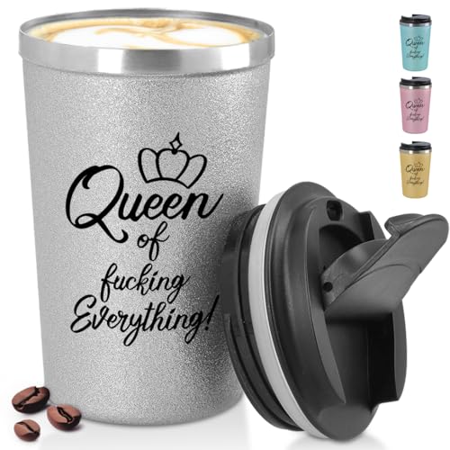 glitzertassen.de® | Queen of fucking everything | Becher to Go konisch mit Deckel | Lustige Sprüche | Geschenkidee | Thermobecher mit doppelwandiger Isolierung | 350 ml | Silber von glitzertassen-de