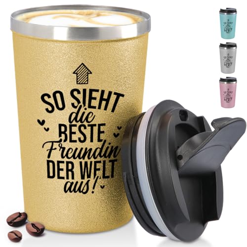 glitzertassen.de® | So sieht die beste Freundin der Welt aus | Becher to Go konisch mit Deckel | Freunde | Geschenkidee | Thermobecher mit doppelwandiger Isolierung | 350 ml | Gold von glitzertassen-de