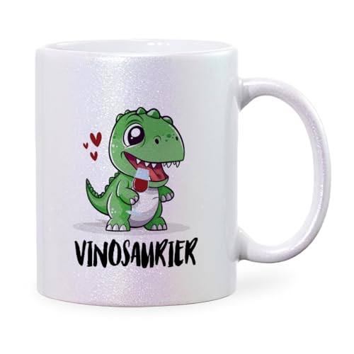 glitzertassen.de® | Vinosaurier | Perlmutt Glitzertasse | Geschenkidee | Lustige Sprüche | Vino Dino | Kaffeebecher | Keramik | 330 ml von glitzertassen-de