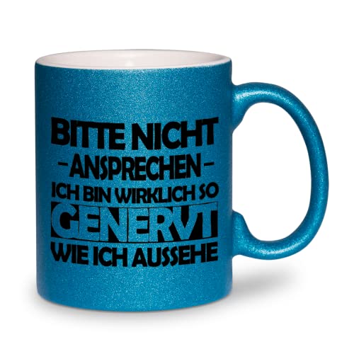 glitzertassen.de® | Bitte nicht ansprechen | Tasse mit Glitzer | Geschenkidee | Blau von glitzertassen-de