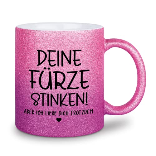 glitzertassen.de® | Deine Fürze stinken | Tasse mit Glitzer | Geschenkidee | Roséviolett von glitzertassen-de