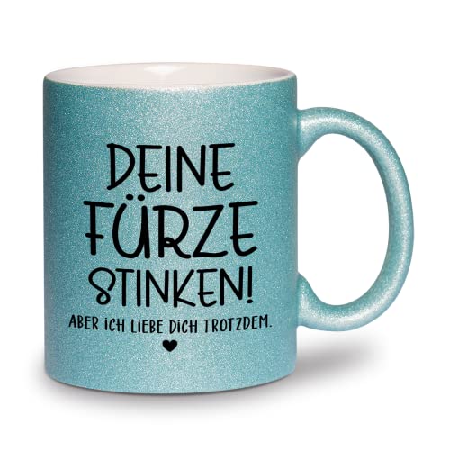 glitzertassen.de® | Deine Fürze stinken | Tasse mit Glitzer | Geschenkidee | Türkis von glitzertassen-de