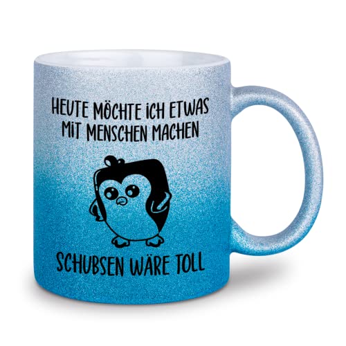 glitzertassen.de® | Heute möchte ich etwas mit Menschen machen | Tasse mit Glitzer | Geschenkidee | Pinguin | Silberblau von glitzertassen-de