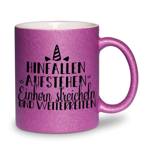 glitzertassen.de® | Hinfallen, aufstehen, Einhorn streicheln | Tasse mit Glitzer | Geschenkidee (Violett) von glitzertassen-de