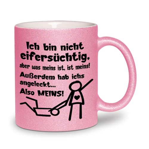 glitzertassen.de® | Ich bin nicht eifersüchtig aber was meins ist ist meins! | Tasse mit Glitzer | Geschenkidee | Valentinstag | Liebe | Kaffeetasse | lustige Sprüche | Rosé von glitzertassen-de