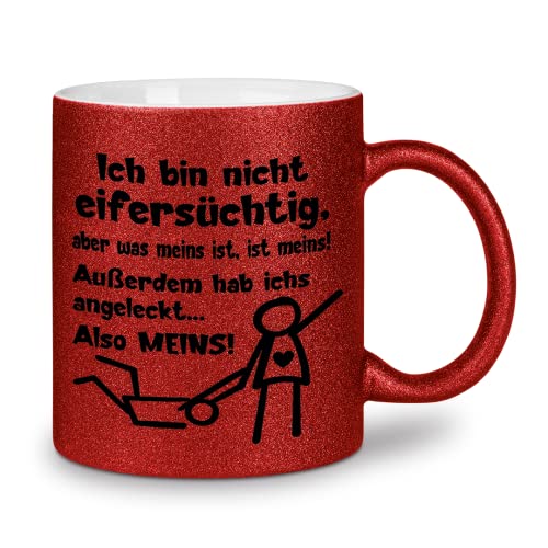 glitzertassen.de® | Ich bin nicht eifersüchtig aber was meins ist ist meins! | Tasse mit Glitzer | Geschenkidee | Valentinstag | Liebe | Kaffeetasse | lustige Sprüche | Rot von glitzertassen-de