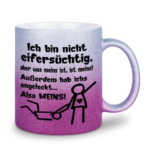 glitzertassen.de® | Ich bin nicht eifersüchtig aber was meins ist ist meins! | Tasse mit Glitzer | Geschenkidee | Valentinstag | Liebe | Kaffeetasse | lustige Sprüche | Silberviolett von glitzertassen-de