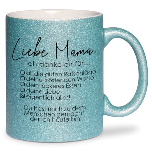 glitzertassen.de® | Liebe Mama, ich danke dir für... | Tasse mit Glitzer | Geschenkidee | Muttertag | Türkis von glitzertassen-de