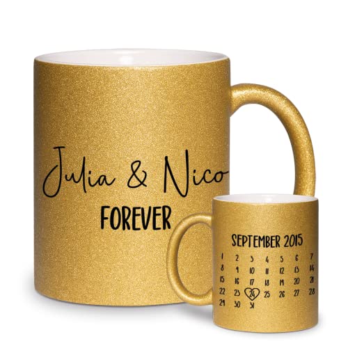 glitzertassen.de® | Partnertasse mit Name und Datum | Tasse mit Glitzer | Geschenkidee | Personalisiert | Valentinstag | Gold von glitzertassen-de