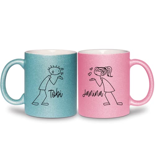 glitzertassen.de® | Personalisierte Partnertasse mit Namen in Rosé und Türkis | Tasse mit Glitzer | Geschenkidee | Valentinstag | Liebe | Kaffeetasse | Tasse mit Namen von glitzertassen-de