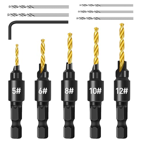 Holzwerker-Senkbohrer-Set, 5 Stück 1/4 Ersatz-Senkbohrer aus Schnellarbeitsstahl, inkl. 5 Spiralbohrer und Schraubenschlüssel, ideal für Holzarbeiten und Tischler-Werkzeug (Titanplattierung) von glowgare