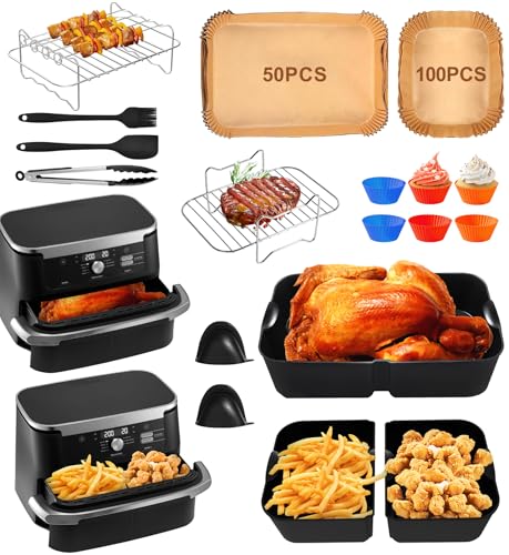 GMISUN Heißluftfritteuse Zubehör, 14 Stück Silikonform Heißluftfritteuse Für Ninja Heißluftfritteuse 10.4 Liter, Komplette Airfryer Zubehör Mit Grillrost, Kuchenform, Brotbackform von gmisun