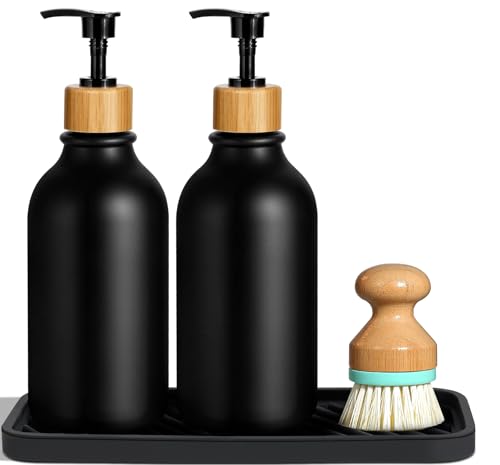 GMISUN Seifenspender Schwarz, 16Unze / 500ml Spülmittelspender Küche mit Tablett, Seifenspender schwarz Matt mit wasserdichte Etiketten und Bambus-Spülbürste, Bauernhaus von gmisun