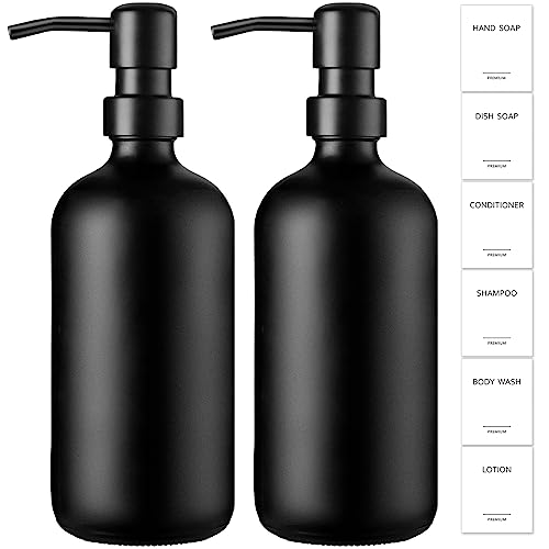 GMISUN Seifenspender schwarz, 500ml Spülmittelspender für Küche und Badezimmer, 2 Stück modern Seifenspender Glas mit schwarz matt Pumpe aus Edelstahl und Etiketten, Soap Dispenser von gmisun