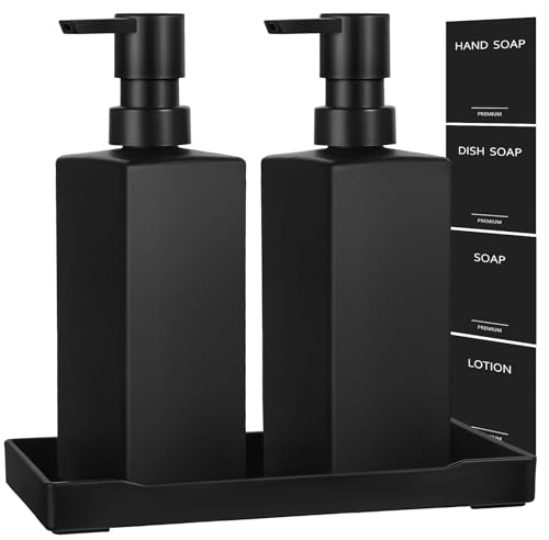 GMISUN Seifenspender Bad, 12Unze / 355ml Spülmittelspender für Küche, Modern Seifenspender schwarz Glas mit Tablett und wasserdichte Etiketten, Handseifenspender, Flüssigseifenspender, Soap Dispenser von gmisun