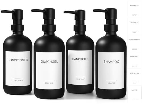 GMISUN Shampoo Flaschen zum Befüllen, 4 Stück 500ML Duschgel und Shampoo Spender für Dusche, Glas Seifenspender Dusche schwarz matt, Stilvoll Duschspender für Bad, Modern Duschgelspender für Dusche von gmisun