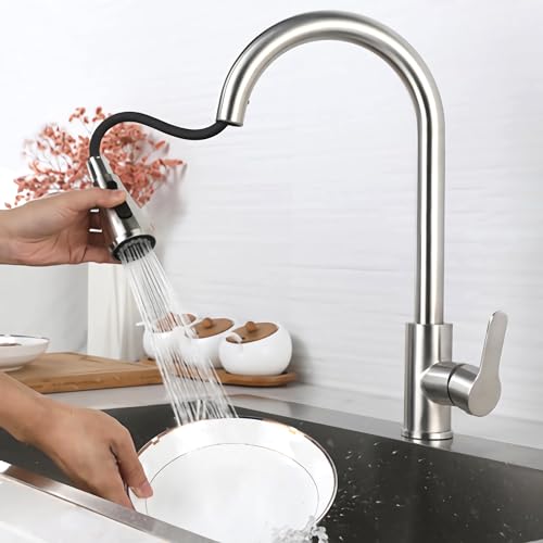 Ausziehbar 360° küchenarmatur Ausziehbar 360° Drehbar mit Drei Wasserstrahlarten,Mischbatterie küche ausziehbar wasserhahn (Silber) von goambuy