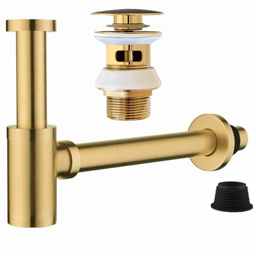 Siphon for Sink Brushed Gold,Universal Ablaufgarnitur für Waschbecken & Waschtisch Modernes Pop-Up Click Clack Ventil - Ablaufventil mit Überlauf,Messing, Edelstahl,Golden (L-Siphon + Überlauf) von goambuy