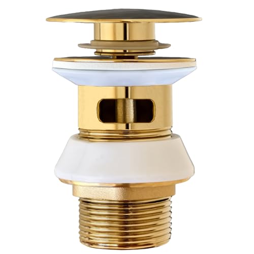 Siphon for Sink Brushed Gold,Universal Ablaufgarnitur für Waschbecken & Waschtisch Modernes Pop-Up Click Clack Ventil - Ablaufventil mit Überlauf,Messing, Edelstahl,Golden (Überlauf) von goambuy
