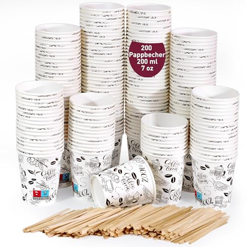 200 Weiße Pappbecher 200 ml / 7 oz mit Holz-Rührstäbchen für Kaffee und Mehr, kaffeebecher pappe, kaffebecher, kaffeebecher einweg von gobecups
