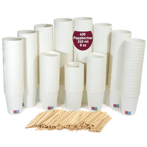 gobecups 400 Weiße Einwegbecher aus Pappe, 240 ml / 8 oz, für Kaffee mit Holzrührstäbchen, robust, auslaufsicher und geruchsneutral. Einweg-Pappbecher von gobecups