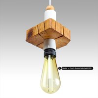Einzigartige, Rustikale Hängelampe Mit Altbemalten Scheunenbalken Holz Und Vintage Porzellan Fassung, Wabi-Sabi - Primitive Deckenlampe von gobidesign