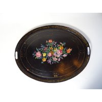 Große Antike Blechtablett Mit Blumen Von Hand Bemalt Napoléon Iii von goldcrabs