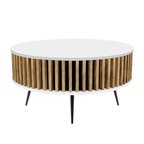 golddoor Couchtisch Borneo, Lamellen-Design, Durchmesser 90 cm, Höhe 46 cm lamellen, runder couchtisch, modern, beistelltisch, Tisch von golddoor