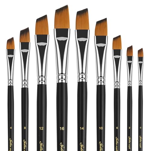 Angular Paint Brush, 9PC Oblique Tip Nylon Hair Long Handle Angled Paint Brushes Set Art Artist Professional Painting Supplies for Acrylic, Watercolor, Gouache and Oil Painting von golden maple