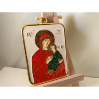 Vintage Metall, Messing, Emaille Christliche Miniatur Ikone, Madonna Figur von goldenbee12