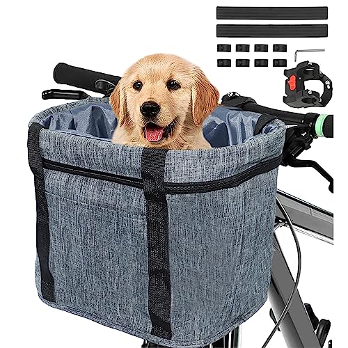 Goldmiky Fahrradkorb, Faltbar Wasserdicht Fahrrad Lenkerkorb, Abnehmbare Lenkerkorb Aluminiumlegierung Rahmen Hund Katze Haustier Träger für Kleiner Hund, Mountain Picknick, Einkaufen (Grau A) von goldmiky