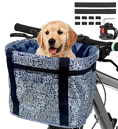 Goldmiky Fahrradkorb, Faltbar Wasserdicht Fahrrad Lenkerkorb, Abnehmbare Lenkerkorb Aluminiumlegierung Rahmen Hund Katze Haustier Träger für Kleiner Hund, Mountain Picknick, Einkaufen (Grau B) von goldmiky