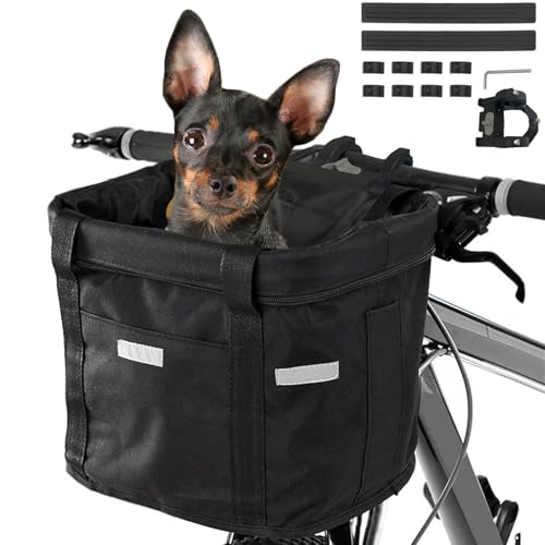 Goldmiky Faltbarer Fahrradkorb, Fahrradkorb Vorne für Hund, Easy Install Abnehmbare FahrradkorbTasche, mit Lenkeradapter für Kleiner Hunde, Einkaufen, Picknick (Schwarz) von goldmiky