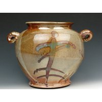 Breites Gefäß Mit Tanzender Figur - Shino Vase Glänzend Gold Luster Griffe 16, 5 X 8, 5 cm Goneaway Pottery | V3885 von goneawaypottery