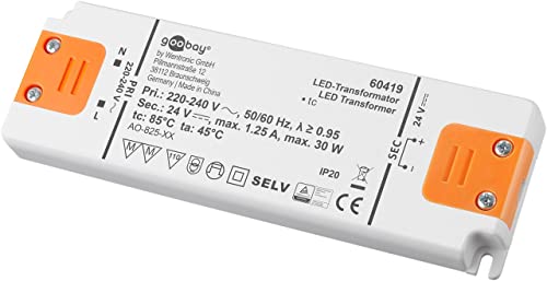 Goobay 60419 LED Trafo 230V auf 24V LED Spot 24V Transformator 30W Gesamtlast LED Treiber 24V DC Gleichspannung LED Driver 24V Trafo kein Flackern, Weiß, Orange von goobay