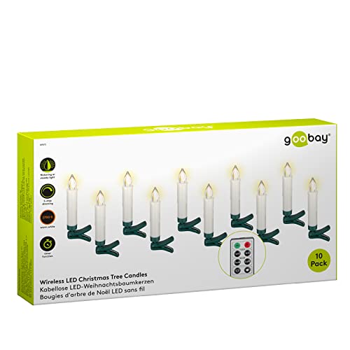 goobay 49873 Kabellose LED Weihnachtsbaumkerzen mit Timerfunktion/LED Kerzen mit Fernbedienung/Flackernde Flamme Christbaumkerzen/Elektrische Kerzen/Baumkerzen 10er Set/Weiß von goobay