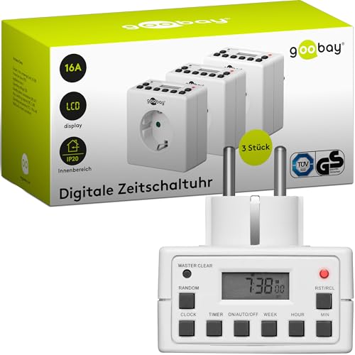 Goobay 55542 Digitale Zeitschaltuhr Innen – Geräuschlos - Programmierbar - Dauerbetrieb möglich – 10 Schaltprogramme - Back Up Akku f. 4 Tage – Unauffälliges Design - 3er Set von goobay