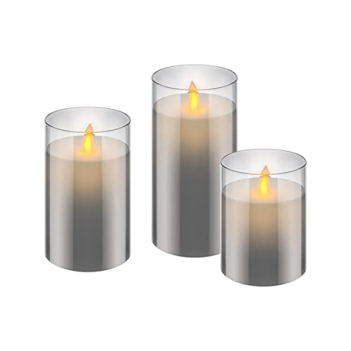 goobay 57865 3er-Set LED Echtwachskerzen im Glas (grau) mit Timerfunktion, warmweißer Kerzenschein, bewegliche Flamme, 10, 12,5 & 15cm hohe Kerzen Transparent von goobay