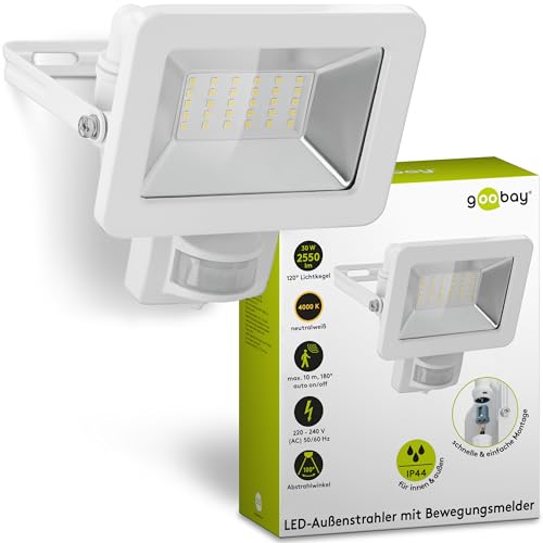 goobay 53882 LED Strahler Bewegungsmelder Außen 30W / PIR Sensor Außenstrahler IP44 / Neutralweißes Licht 2550 lm/LED Scheinwerfer Fluter Wandmontage/Gartenstrahler/Weiß von goobay