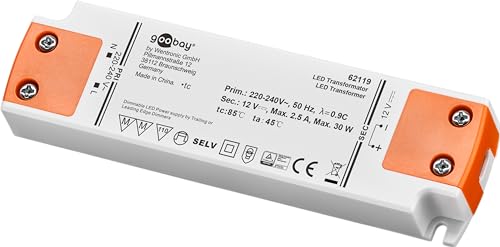 goobay LED Trafo 12V DC, Dimmbar 30W, flaches Netzteil für LED Streifen & Leuchten, Treiber mit Konstantspannung für Phasenanschnitt- & Abschnittdimmer - 62119 von goobay