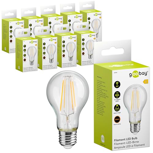 goobay 74104 E27 Filament LED Birne 7W / LED Birne mit E27 Fassung/LED Lampe mit geringer Wärmeentwicklung/Nicht dimmbar/Verbrauch 7 kWh/1000h / warmweißes Licht 2700K / Kristallklar / 10 Stück von goobay